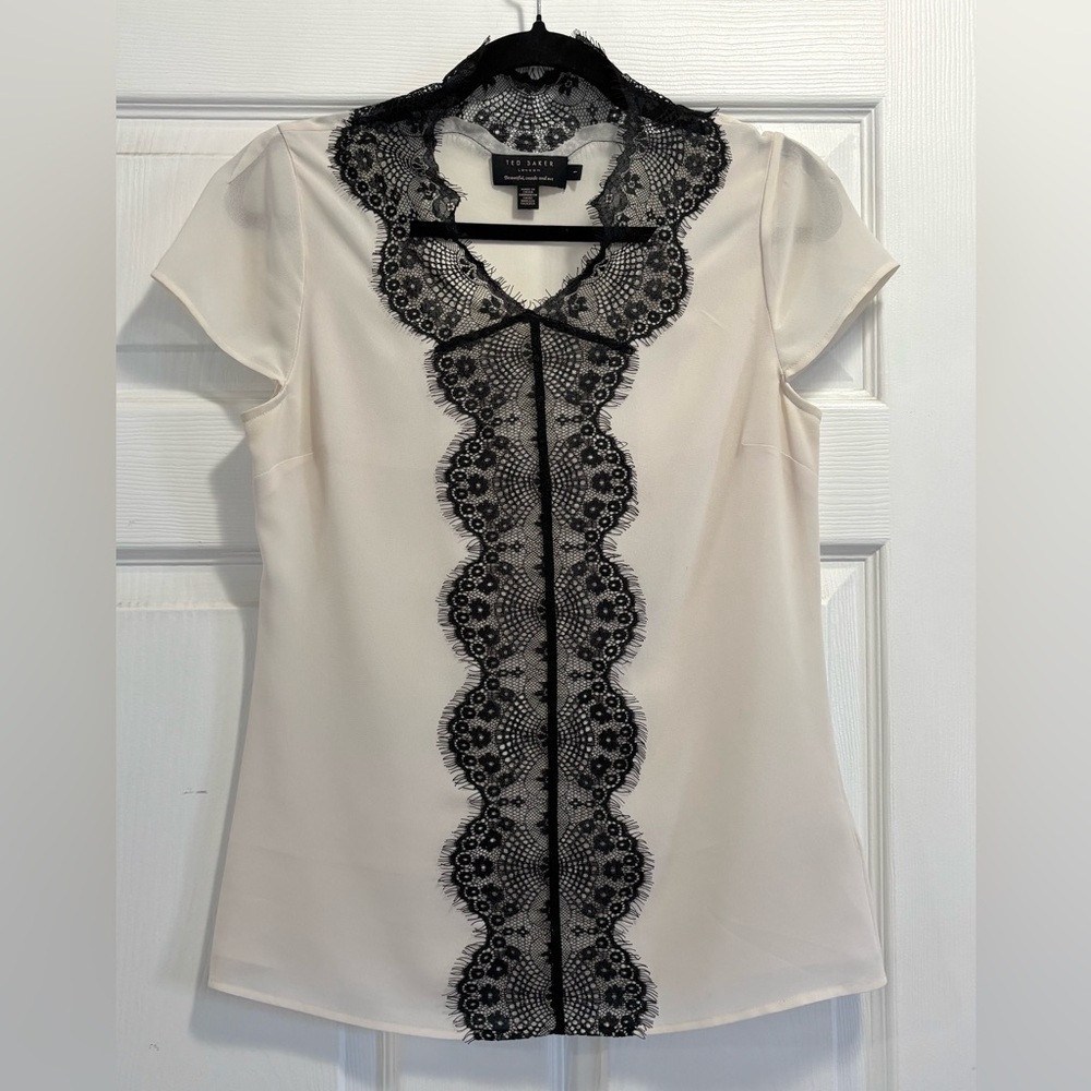 Ted Baker Blouse Sheer Cream with Black Lace Detail Cap Sleeves Ted Size 1 US 4